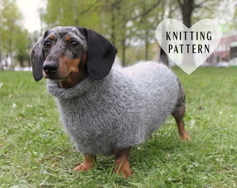 KNITTING PATTERN, Fuzzy Dachshund Sweater, oversized, dog, sweater, pet clothes, mini, doxie, knit, knitted, top down, dog sweater, DIY