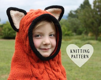 KITTING PATTERN, Fox Hood, cabled, cables, fox cowl, neck warmer, kids, children, animal, fox hoodie, knit, knitted, DIY, hat, costume