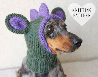 KNITTING PATTERN, Doxie Dinosaur Hat, Dog Hat, Small Dog Hat, Snood, Mini Dachshund Hat, Dino Hat, Dog Costume, Knitted Hat, Knit Pet Hat