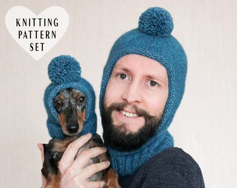 KNITTING PATTERN BUNDLE, Balaclava Hat, Matching Hats, Twin Hats, Matching Dog and Human Hats, Ski Mask Hat, Blue Hat, Pom Pom Hat, Dog Hat