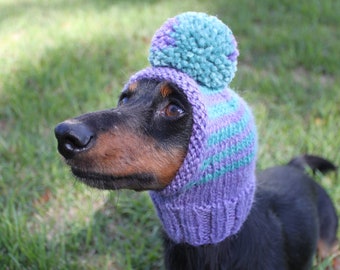 Knitted Purple Small Dog Hat With Pom-Pom