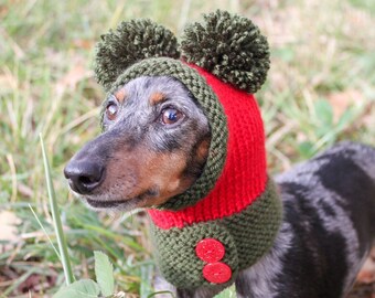 Red and Green Christmas Mini Dachshund Small Dog Hat Double Pom-Pom
