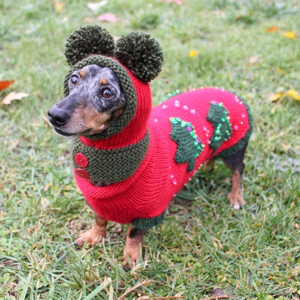 KNITTING PATTERN SET Ugly Christmas Dog Sweater and Matching Hat for Mini Dachshunds
