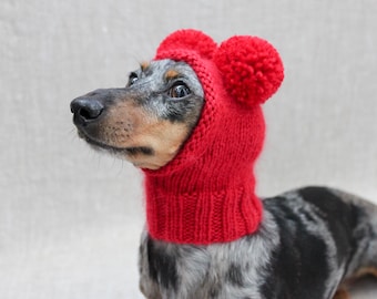 Dog Hat in Red All Natural Wool With Double Pom Poms