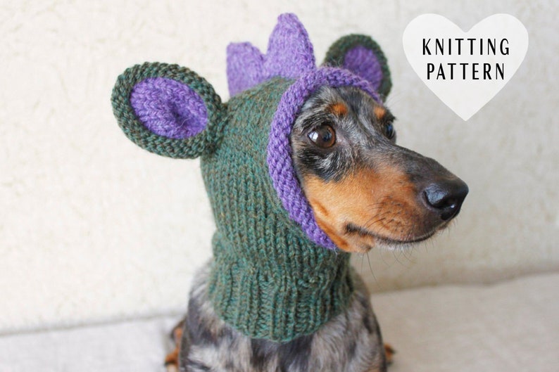 KNITTING PATTERN, Doxie Dinosaur Hat, Dog Hat, Small Dog Hat, Snood, Mini Dachshund Hat, Dino Hat, Dog Costume, Knitted Hat, Knit Pet Hat image 1