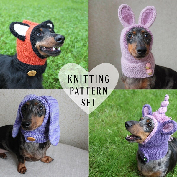 ENSEMBLE DE MOTIFS DE TRICOT, Cagoules pour chiens, Chapeaux pour chiens, Vêtements pour animaux de compagnie, Cagoule tricotée, Pull pour chien, Oreilles de lapin, Cagoule de renard, Chapeau de licorne, Mini teckel, Animal de compagnie