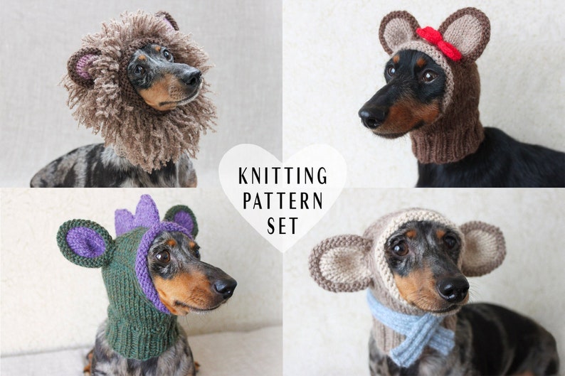 KNITTING PATTERN BUNDLE, Dog Costume Set, Dog Hats, Dog Clothes, Lion Dog Costume, Monkey Dog Costume, Dinosaur Dog Costume, Bear Dog Hat image 1