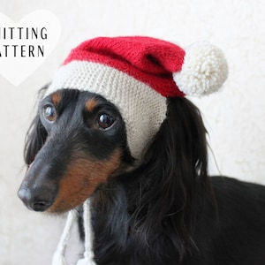 KNITTING PATTERN, Santa Dog Hat, Dog Santa Hat, Dachshund Santa Hat, Small Dog Hat, Dog Christmas Hat, Red and White Knitted Dog Hat