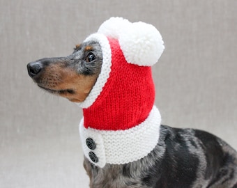 Dog Hat Vintage Christmas Santa Hat With Pom Poms in Natural Wool