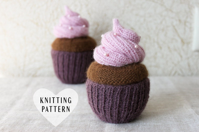 KNITTING PATTERN, Knitted Cupcake, Play Food, Pretend Food, Baby Gift, Cupcake Decoration, Ornament, Pincushion, Knitted Dessert, Small Gift image 1