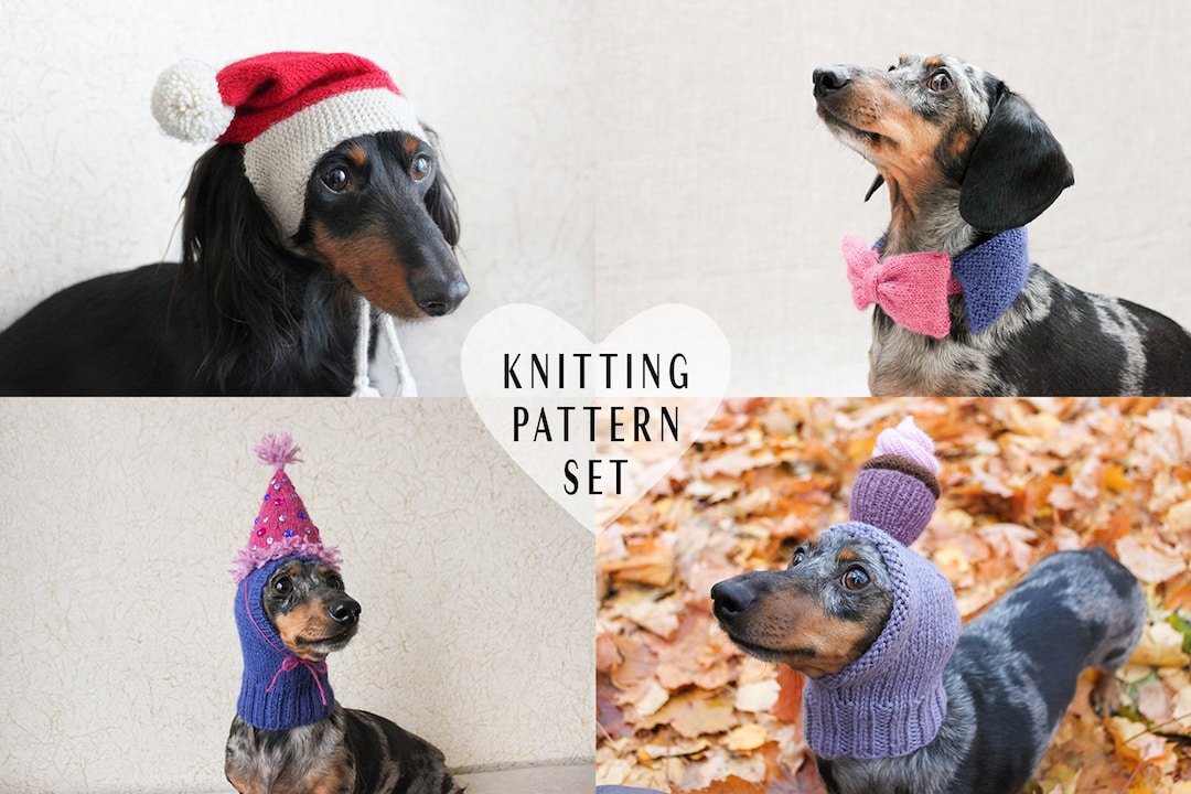 KNITTING PATTERN BUNDLE, Dog Hat, Dog Bow Tie, Dog Birthday Hat, Dog Santa Hat, Party Animal