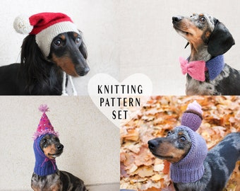 KNITTING PATTERN BUNDLE, Dog Hat, Dog Bow Tie, Dog Birthday Hat, Dog Santa Hat, Party Animal Series, Cupcake Dog Hat, Cute Funny Dog Hats