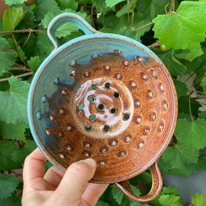 Ceramic Colander Berry Bowl in Brown and Turquoise