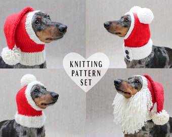 KNITTING PATTERN BUNDLE, Dachshund Dog Santa Hats, Christmas Dog Hats, Vintage Christmas, Santa Dog Costume, Santa Beard Dog Costume Hat