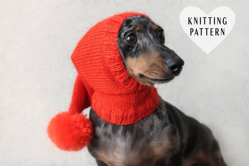Może przedstawiać: Długowłosy pies rasy dachshund w czerwonej czapce z pomponem. Czapka ma długi kołnierz i zakrywa uszy psa. Pies patrzy w prawo. Tekst "KNITTING PATTERN" znajduje się w białym sercu w prawym g&oacute;rnym rogu obrazu.