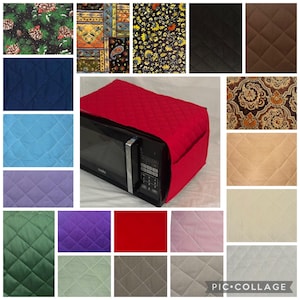 May include: A collage of different fabric swatches and a red quilted microwave cover. The cover has a pocket on the side. The microwave cover is shown on top of a black microwave.