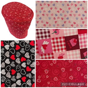 May include: Four fabric swatches with a Valentine's Day theme. The swatches feature various red, pink and white heart patterns. One swatch has a red and white checked pattern with the word "Love" printed on it.