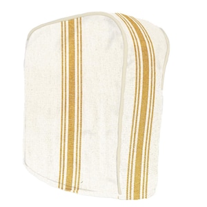 Könnte beinhalten: Ein weißer Küchengerätebezug mit goldenen Streifen. Der Bezug hat einen weißen Rand.