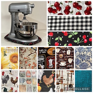 May include: A collage of fabric swatches featuring various patterns and designs. The swatches include a black and white checkered pattern, a red and white cherry pattern, a sunflower pattern, a floral pattern, a coffee themed pattern, a blue and white damask pattern, a rooster pattern, a jar pattern, a chicken pattern, a kitchen utensil pattern, and a turquoise blue pattern.