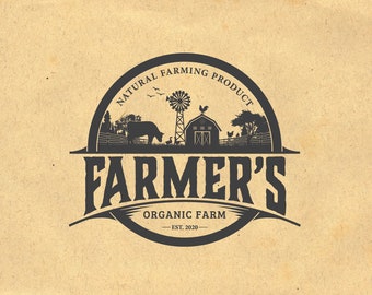 Puede incluir: Logotipo en blanco y negro para una granja con el texto "Farmer's Organic Farm Est. 2020" en un círculo. El logotipo presenta una granja, un molino de viento, una vaca y pollos.