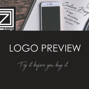 Könnte beinhalten: Ein schwarz-weißes Logo-Design mit dem Buchstaben "Z" in einem Quadrat. Der Text "design" befindet sich unter dem Logo. Das Bild zeigt außerdem ein Smartphone und ein Notizbuch mit dem Text "Creatives Designs" und einer Liste der angebotenen Dienstleistungen.