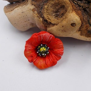 Broche de rosa PAPAVER rojo, ramillete floral para boda, flor conmemorativa para solapa, boutonniere, pin de recuerdo, broche de amapola pintado a mano