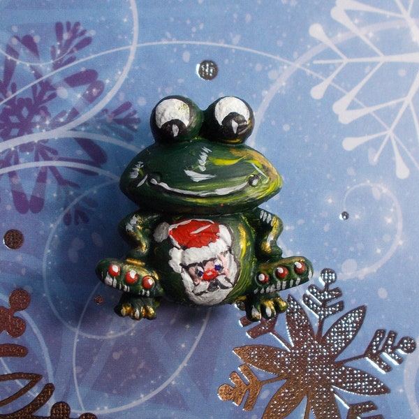 CHRISTMAS FROG BROOCH Festive Lapel Pin Santa Claus Pin Winter Wedding Corsage Yule Time Boutonniere Thanksgiving Lapel Pin - Hand Painted
