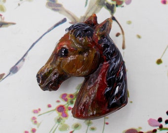 Clay PONY BROOCH Brown Horse Head Lapel Pin Wedding Corsage Black Mane Horse Lover Lapel Pin  Pony Club Brooch - HANDMADE Hand Painted