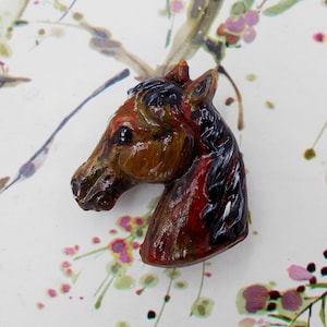 Clay PONY BROOCH Brown Horse Head Lapel Pin Wedding Corsage Black Mane Horse Lover Lapel Pin  Pony Club Brooch - HANDMADE Hand Painted