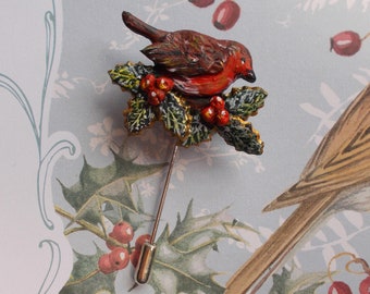 ROBIN à HOLLY & BERRIES Pin Festif Hiver Mariage Corsage Noël Faune Boutonnière Robin Revers Épingle De Noël Badge - Fait à la main Peint à la main