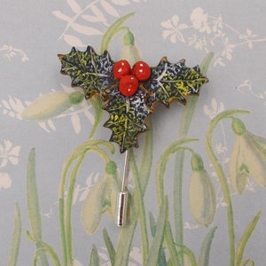 Handmade Holly Brooch: Christmas Corsage, Hand Painted Winter Wedding Pin
