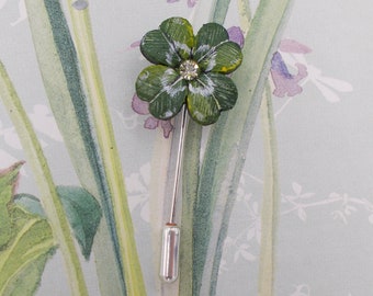 Hand Painted Four Leaf Clover Pin: Lucky Rhinestone Brooch