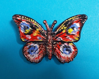 Hand Painted Peacock Butterfly Brooch: Large Red Wedding Corsage Pin