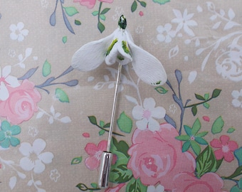 Handmade Snowdrop Stick Pin: Small Silver Plated Spring Wedding Lapel Brooch, Hand Painted