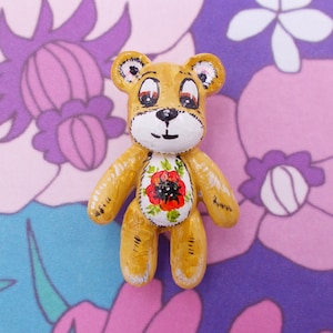 TEDDY BEAR BROOCH Bear & Red Poppy Brooch Fun Wedding Corsage Red Poppy and Bear Lapel Pin Beige and White Boutonniere Bear Pin-Hand Painted