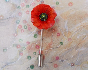 Hand Painted Small Papaver Boutonniere: Silver Lapel Pin, Red Poppy Remembrance Brooch
