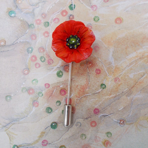 Small PAPAVER PIN Red Poppy Flower Wedding Boutonniere Memorial Poppy Lapel Pin Remembrance Flower Brooch Commorative Pin-HAND Painted