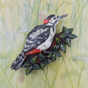 Large Great Spotted Woodpecker Brooch Woodpecker Pin Country Wedding Corsage Woodpecker Lapel Pin Woodland Bird Pin HANDMADE HAND PAINTED