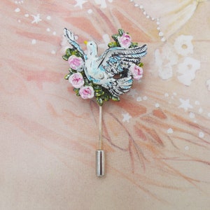 PIN DE LA PALOMA DE LA PAZ Pin de paloma blanca y rosas rosadas - Pin de la paz de Navidad Pin de ramillete de boda blanco Pin de símbolo de amor Pin de solapa conmemorativo de la paz - Pintado a mano