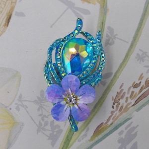 Forget-Me-Not & Peacock Rhinestone Leaf Brooch Blue Forget-Me Not Lapel Pin Blue Wedding Lapel Masonic Memorial Friendship Pin- Hand Painted