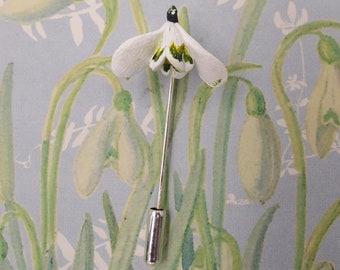 Handmade Snowdrop Pin: Tiny Floral Wedding Corsage, Silver Plated, Hand Painted