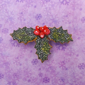 Handmade Holly Berry Brooch: Festive Christmas Corsage Lapel Pin, Hand Painted Art