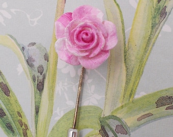 Hand Painted Pink Rose Lapel Pin: Silver Plated Corsage Boutonniere, Different Colours Available