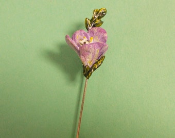 Tiny Mauve FREESIA PIN Freesia Brooch Purple Wedding Lapel Purple Freesia Pin Freesia Lapel Flower - Handmade Hand Painted