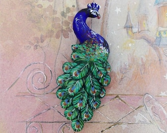 Large PEACOCK BROOCH Blue Bird Wedding Corsage Symbolic Pin Commemorative Lapel National Bird India Boutonniere Remembrance Pin-HAND Painted