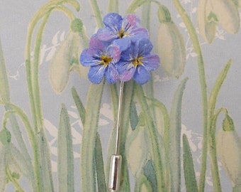 Hand Painted Forget-Me-Not Pin: Silver Plated Forget-Me-Not Blue Flower Lapel Brooch