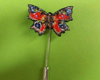 Handmade Peacock Butterfly Pin: Red Wildlife Boutonniere, Hand Painted Lapel Pin