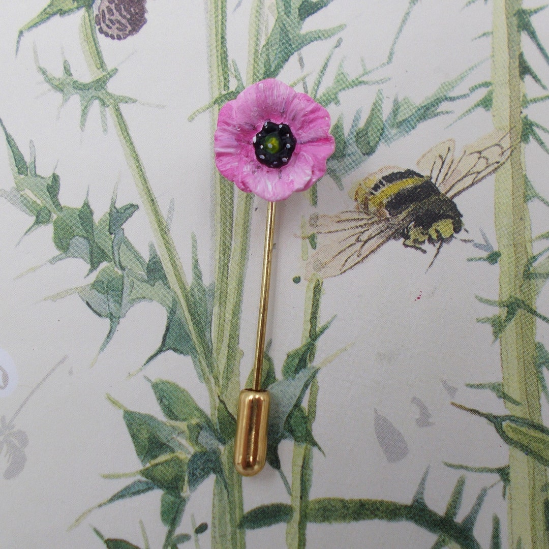 Hand Painted Pink Poppy Stick Pin: Tiny Gold Plated Lapel Flower - Etsy