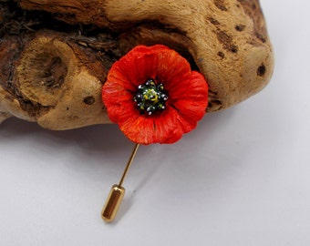 Red PAPAVER ROSE Pin Floral Wedding Corsage Commemorative Memorial Poppy Lapel Flower Boutonniere Remembrance Anemone Poppy Pin-HAND Painted