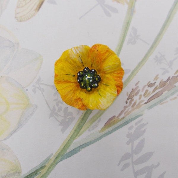 Yellow WELSH POPPY Corsage Yellow Poppy Pin Commemorative Memorial Lapel Flower Wales Orange & Lemons Poppy Pin Papaver Flower- Hand Painted